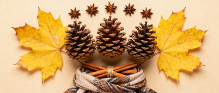 Autumn arrangement with yellow maple leaves, pine cones, star anise, and cinnamon sticks wrapped in a cozy plaid scarf.の素材