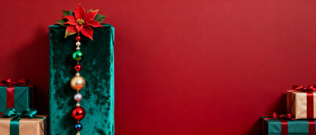 Elegant velvet wrapped gift with decorative baubles and festive ribbon, surrounded by wrapped presents on deep red background.の素材