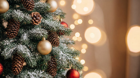 Frosted christmas tree with golden baubles, red ornaments, pine cones and warm bokeh lights creating a cozy festive holiday atmosphere.の素材