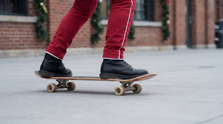 person in red pants riding skateboard on urban sidewalk near brick buildings and festive outdoor decorations in daytime.の素材
