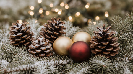 Frosted pine cones and festive baubles resting on evergreen branches with soft glowing holiday lights in the background.の素材