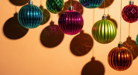 Colorful glass christmas baubles hanging on strings casting festive shadows on warm orange background for holiday decoration themes.の素材