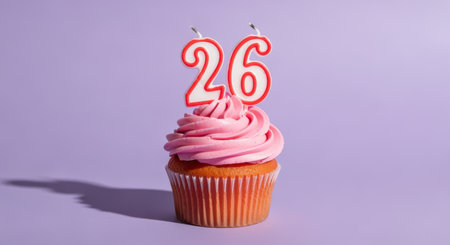 Pink frosted cupcake with red number 26 candles on pastel purple background celebrating twenty sixth birthday.の素材