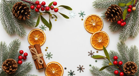 Festive christmas composition with dried oranges, pine cones, cinnamon sticks, red berries and frosted evergreen branches on white.の素材
