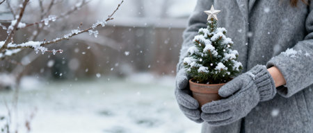 Woman in grey coat holding small potted christmas tree with star topper outdoors in snowy winter garden background.の素材