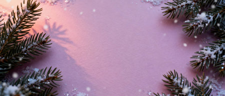 Soft pink winter background with frosted fir branches, falling snowflakes and subtle festive light for elegant seasonal holiday design.の素材