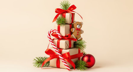 Festive christmas gift boxes with red ribbons, candy canes, gingerbread cookie, evergreen branches and red bauble ornament.の素材