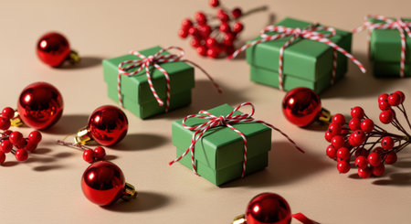 Green gift boxes with red ribbons surrounded by shiny ornaments and festive berries on neutral background for holiday celebration themes.の素材