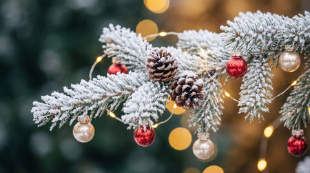 Snow covered fir branch decorated with pinecones, red and gold baubles, and warm fairy lights against a festive blurred background.の素材