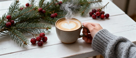 Cozy winter morning with steaming heart latte art in ceramic mug surrounded by evergreen branches and red berries on white wooden table.の素材