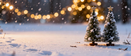 Snow covered miniature christmas trees in winter landscape with festive lights and gentle falling snowflakes at golden holiday twilight.の素材
