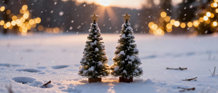 miniature snow covered christmas trees in winter landscape with sparkling lights and gentle falling snow at golden sunset.の素材