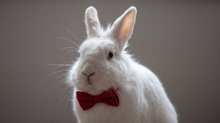 Fluffy white rabbit wearing elegant red bow tie sitting indoors against soft neutral background, expressive ears and curious gaze.の素材