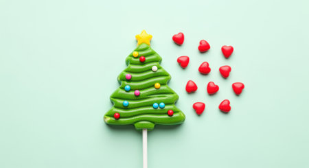 Festive green christmas tree lollipop with colorful candy decorations and scattered red heart sweets on pastel mint background.の素材