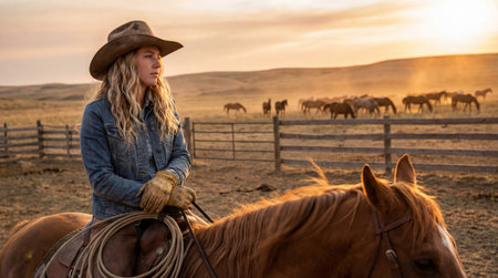young cowgirl riding a chestnut horse at sunset on a rural ranch with grazing herd in the background and dusty golden sky.の素材