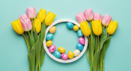 Colorful speckled easter eggs arranged in a white circle frame with yellow and pink tulips on pastel turquoise background.の素材