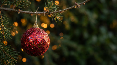 Glittering red christmas bauble hanging from evergreen branch with soft golden bokeh lights creating warm festive holiday atmosphere.の素材