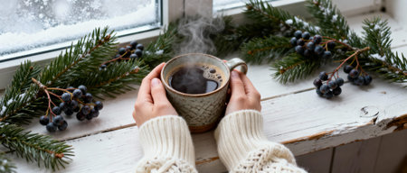 cozy winter morning with steaming hot drink in hands by frosty window decorated with evergreen branches and dark berries.の素材