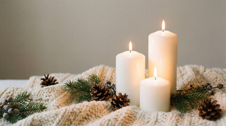 Cozy winter arrangement with three white candles on knitted blanket decorated with pinecones and evergreen branches indoors.の素材
