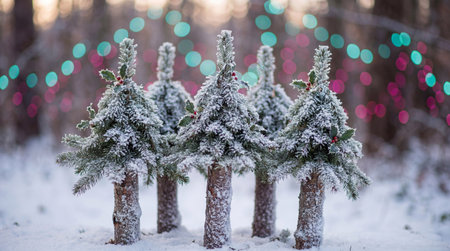 Miniature snowy evergreen trees grouped together in a winter forest with colorful blurred festive lights in the background.の素材