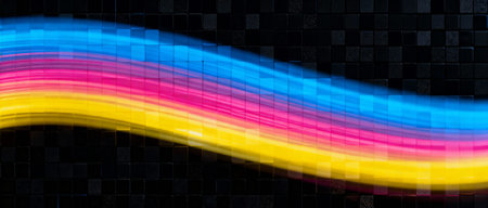 Vivid blue, pink, and yellow glowing wave flowing over dark geometric squares with modern dynamic abstract energy effect.の素材