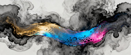Vibrant gold, blue, and pink fluid wave flowing through dark smoky abstract background with dynamic movement and organic shapes.の素材