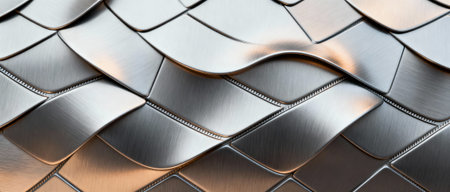 Abstract closeup of wavy metallic surface with overlapping silver tiles forming a futuristic geometric pattern and smooth reflective texture.の素材