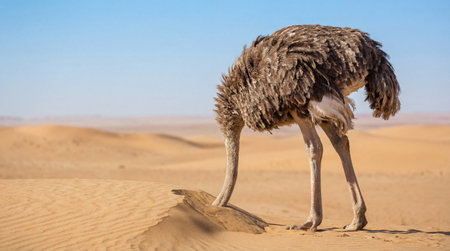 Curious ostrich in vast desert landscape pecking sandy dune under clear sky, showcasing wildlife behavior in arid environment.の素材