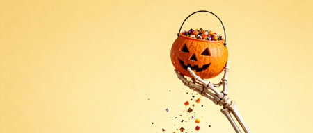 Skeleton hand holding a pumpkin candy bucket overflowing with colorful sweets and treats on a yellow background for halloween.の素材