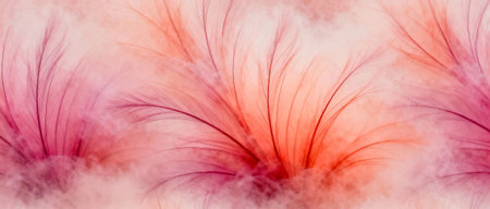 Delicate pink and orange abstract feathery pattern with flowing lines and soft cloud like textures on a gentle pastel background.の素材