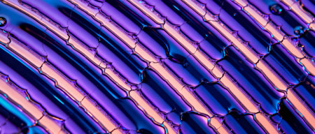 Glowing purple and blue abstract liquid pattern with reflective ridges and glossy texture in a futuristic artistic background.の素材