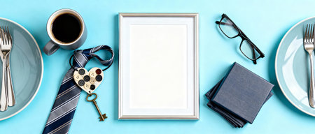Father's day breakfast table arrangement with blank frame, coffee, tie, heart shaped decor, key, glasses, and blue accents.の素材