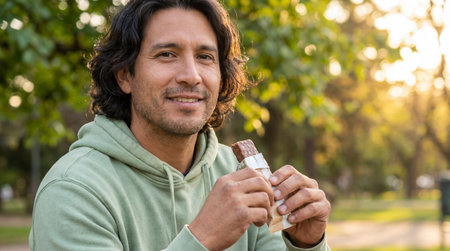 Smiling man in casual hoodie eating chocolate snack bar outdoors in a sunny green park during a relaxing afternoon break.の素材