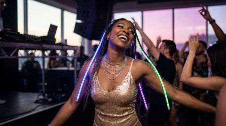 Joyful woman dancing energetically at vibrant nightclub party in sparkling dress with colorful led hair under evening lights.の素材