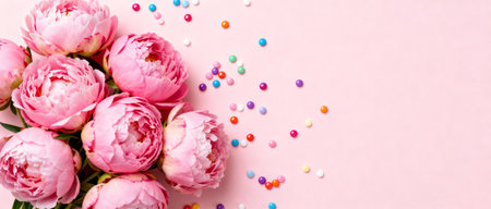 Pink peony bouquet with colorful decorative candy on pastel background conveying freshness, celebration, and vibrant floral arrangements.の素材