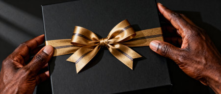 Elegant black gift box with shiny gold ribbon and bow being held gently by hands on a dark background, perfect for celebrations.の素材