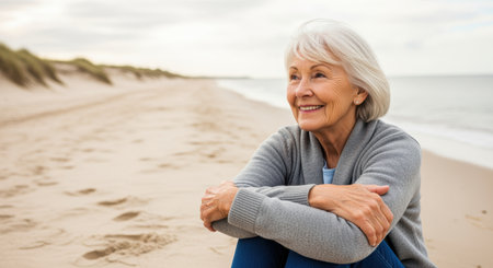 Smiling senior woman sitting on sandy beach in casual sweater, embracing peaceful retirement with relaxation and nature.の素材