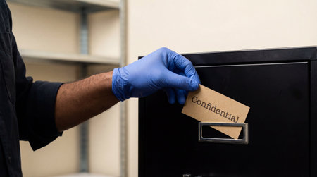 Gloved hand placing confidential document into secure filing cabinet in organized office storage environment for data protection.の素材