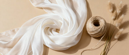 Elegant white silk fabric flowing across beige background with natural twine ball and dried grass stems in soft neutral tones.の素材