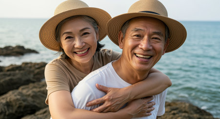 Joyful older couple smiling and embracing outdoors near the ocean, wearing straw hats and casual clothes on a sunny afternoon.の素材