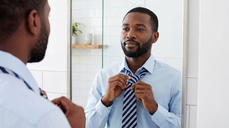 Confident young man adjusting striped necktie in bathroom mirror before work in bright modern home interior.の素材