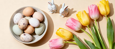 Decorative pastel easter eggs in a ceramic bowl beside yellow and pink tulips with ceramic bunny figurines on light background.の素材