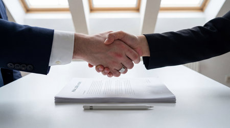 Business professionals shaking hands over a finalized contract agreement in a modern office setting with natural window light.の素材