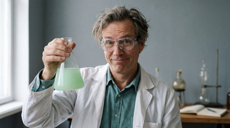 Smiling senior scientist in laboratory coat holding green chemical solution in flask inside bright laboratory workspace.の素材