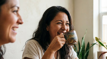 Smiling middle aged woman drinking coffee indoors near window with friend and enjoying relaxed conversation in warm natural morning light.の素材