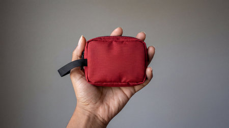 Hand holding small red fabric pouch against plain neutral background, showcasing minimalist compact portable storage accessory.の素材