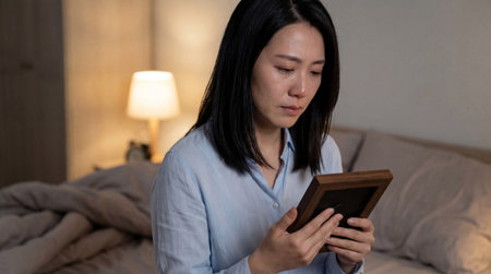 sad woman sitting alone on bed at night holding picture frame, grieving loss in dim bedroom with soft warm lamp light.の素材