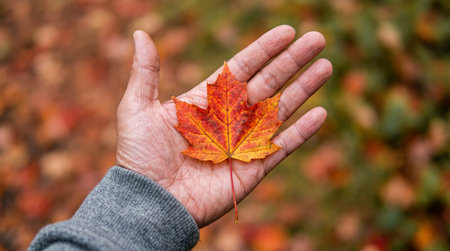 hand holding vibrant red maple leaf in autumn forest with soft blurred background of colorful fallen foliage and seasonal atmosphere.の素材
