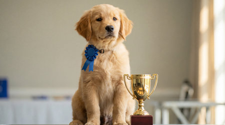 Golden retriever puppy with blue award ribbon sitting proudly beside shiny trophy on indoor table in soft natural light.の素材