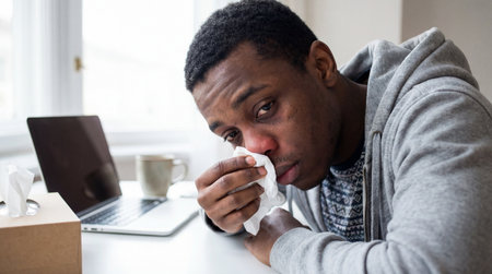 Sick young man sitting at home with a cold, using tissues and working on a laptop while resting during flu season.の素材